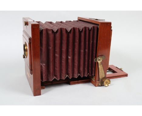 A J. Lancaster &amp; Son 'The International' Half-Plate Mahogany Tailboard Camera Body, square-cornered maroon bellows, body 