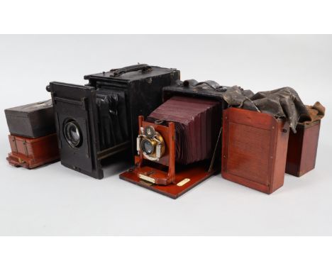 An Adams Minex and Other Cameras, an ICA Bebe strut-folding camera with film pack holder, an Adams Vesta with set of plates, 