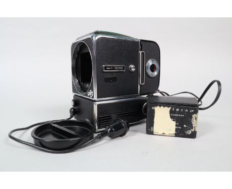 A Hasselblad 500 EL Camera Body, chrome, serial no TTE 9310, untested, body G, battery compartment clean, some light wear, li