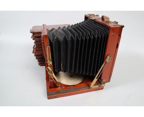 A Thornton Pickard College Half-Plate Mahogany Field Camera Body, body F, double extension, chamfered-corner bellows, some ho