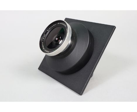 A Schneider Kreuznach 90mm f/8 Sinar Super Angulon lens, serial no 8212076, in DB mount, barrel G, light wear, elements G-VG,