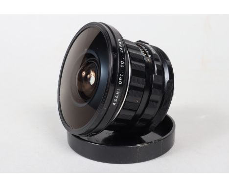 An Asahi Super-Multi-Coated Takumar 6x7 35mm f/4.5 Fisheye Lens,  serial no 5324373, barrel G, some brassing to mount, light 