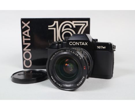 A Contax 167 MT Camera, serial no 084884, powers up, shutter working, appears to fuction as should, body G-VG, some light mar