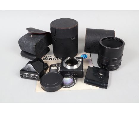 Asahi Pentax 6x7 SLR Accessories, comprising a 6x7 camera brochure, an Asahi Pentax pentaprism viewfinder with protective cap