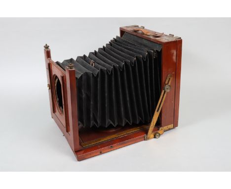 A 10 x 8in Mahogany Field Camera Body, square-cornered bellows, body P-F, lensboard lens mounting ring has become detached, r