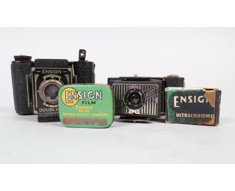 Two Ensign Compact Strut Folding Cameras,  made by Houghton-Butcher, comprising an Ensign Double-8 camera, format 3 x 4cm on 