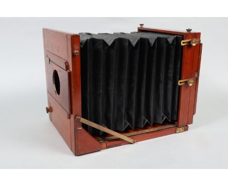A Whole Plate Tailboard Camera Body, square-cornered bellows, body G, holes to lensboard, heavy wear to front baseboard, crac