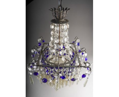 A 20th Century Regency style metal clear and cobalt blue glass chandelier, with swags and multiple facet cut droplets, untest