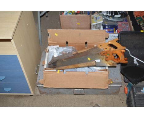 A metal tool box and a box of various hand tools