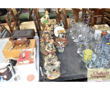 A quantity of Capo di Monte figures, mantel clock etc