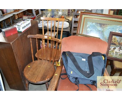 An elm seated stick back chair and one other