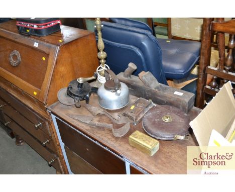 A leather cased tape measure; a knife sharpener; a pair of sheep shearers; brass table lamp; wooden plane etc