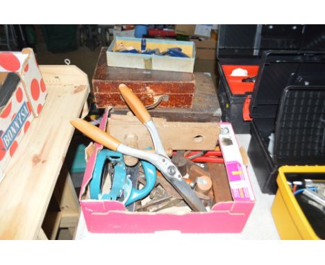 A cardboard box of various hand tools together with a wooden box and one other wooden box of various tools to include a Recor