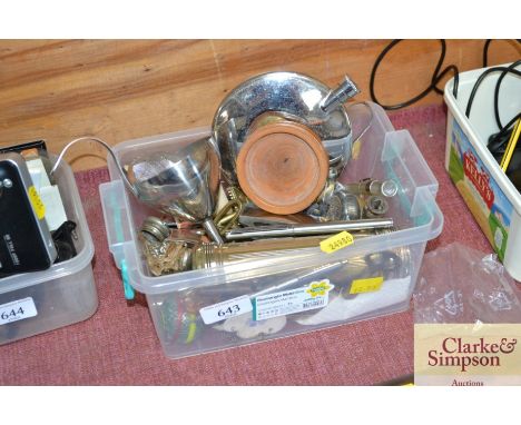 A box containing a hip flask, various plated items, torch, pens etc