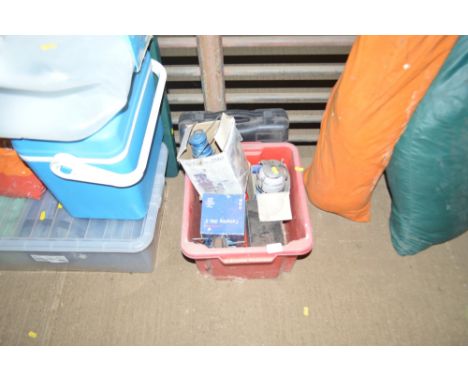 A box of various camping gas stoves; a hurricane lamp etc