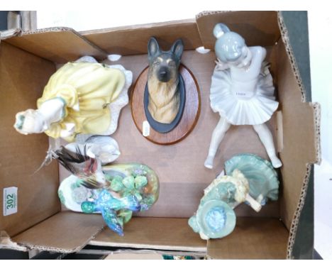 A mixed collection of ceramic items to include damaged Royal Doulton lady figure The Last Waltz, Beswick wall plaque of Alsat