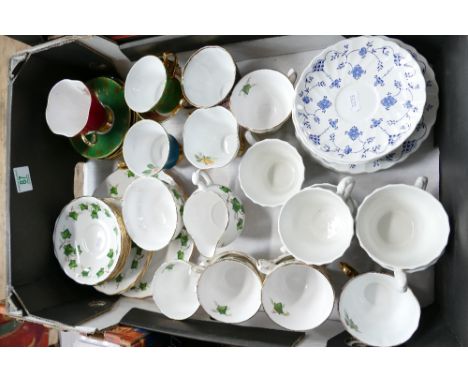 A collection of cup and saucers, Colclogh part tea set, Myott cup and saucers etc (1 tray)