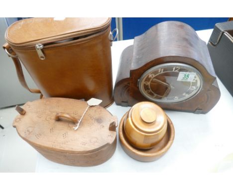 A mixed collection of items to include - oak cased art deco mantle clock, travelling leather bound picnic set, and similar it