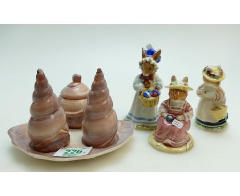 Carlton Ware shell cruet set together with Royal Albert Brambley Hedge Mrs Salt apple DBH25, Lady Woodhouse and a Mrs Bunnyki