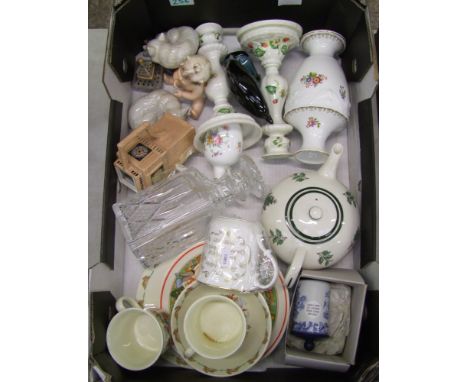 A mixed collection of items to include continental piano baby, Royal Graffton melbern , Royal Doulton bunnykins breakfast set