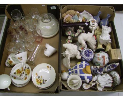 A mixed collection of ceramics to include Wedgwood bud vases, Argyle cups &amp; saucers, figurine of doves, glass cheese dish
