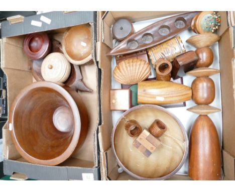 A mixed collection of wooden items to include - mango wood bowl trinket boxes, children's puzzles, etc. (2 trays).