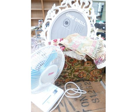 Unmounted IKEA plastic picture frame, tapestry covered box, similar small rugs and metal fan. (3).