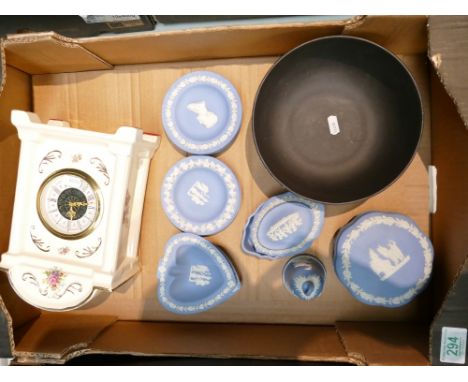A mixed collection of Wedgwood jasperware items to include large black basalt fruit bowl, ashtrays, pins, trinket boxes and B