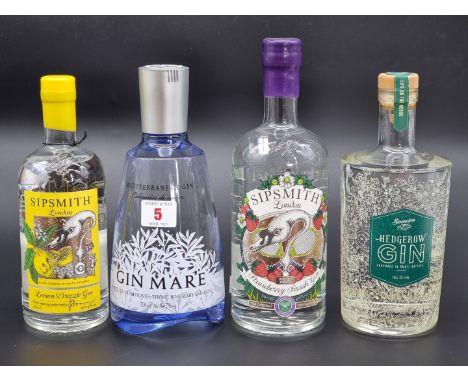 Four bottles of flavoured Gin, comprising: 50cl Sipsmith 'Lemon Drizzle'; 70cl Sipsmith 'Strawberry Smash'; Sloemotion 'Hedge