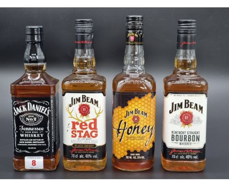 Four 70cl bottles of Bourbon Whiskey, comprising: Jim Beam 'Red Stag'; Jim Beam 'Honey'; Jim Beam; and Jack Daniel's. (4)
