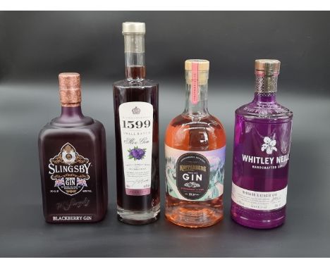 Four bottles of flavoured Gin, comprising: 70cl Whitley Neill 'Rhubarb &amp; Ginger'; 70cl Slingsby 'Blackberry'; 70cl Koppar