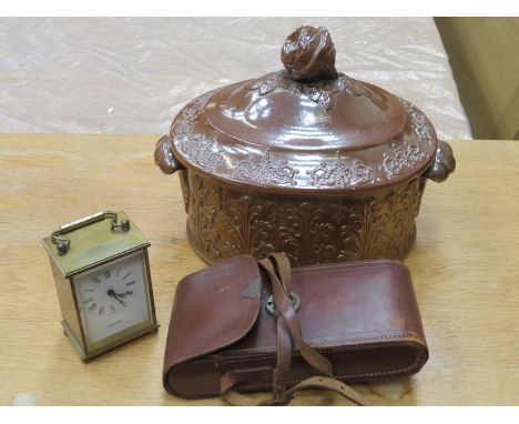 GLAZED POTTERY CASSEROLE DISH WITH COVER, SOHO-PILOT CAMERA PLUS MODERN CARRIAGE CLOCK 