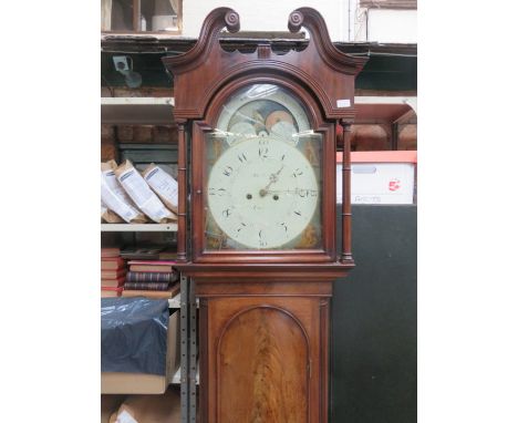 ANTIQUE MAHOGANY CASED LONGCASE CLOCK WITH HANDPAINTED ROLLING MOON DIAL, BY THOMAS RUSSELL, LANCASTER 