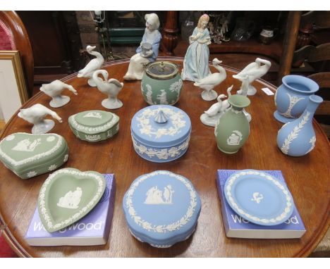 ROYAL WORCESTER SWEET ANNE FIGURE, NAO CLOWN, VARIOUS NAO AND LLADRO SWANS PLUS VARIOUS WEDGWOOD JASPERWARE 