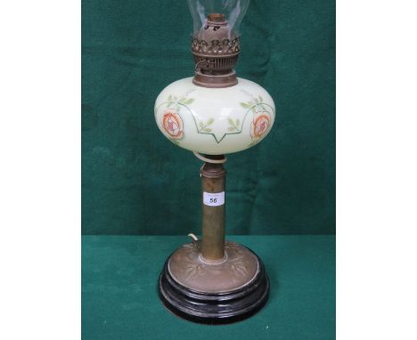 ART NOUVEAU STYLE BRASS COLUMN FORM OIL LAMP WITH GREEN FLORAL GLASS RESERVOIR 