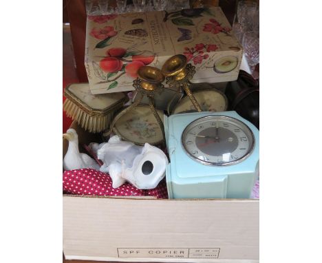 PARCEL OF SUNDRIES INCLUDING VARIOUS COSMETICS, DRESSING TABLE SET, CLOCK, ETC. 