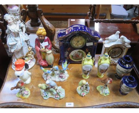 SUNDRY LOT OF CERAMICS INCLUDING VARIOUS VASES, MANTEL CLOCKS, BIRDS, CONTINENTAL FIGURE FORM LAMP AND SNOOPY DOG, ETC. 