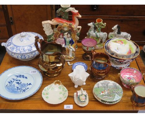 VARIOUS SUNDRY CERAMICS INCLUDING EARLY BLUE AND WHITE PLATES, STAFFORDSHIRE FIGURE AND R=K                                  