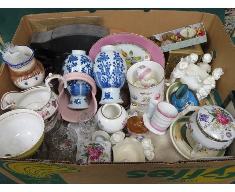 BOX LOT OF SUNDRIES INCLUDING CERAMICS, GLASS, FUR SHAWL, MANTEL CLOCK, COINAGE, TWO BLUE AND WHITE VASES, AMBROSE TYPE, ETC.