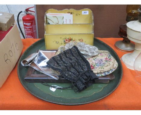 MIXED LOT INCLUDING BRASS DESK LAMP, OVAL TRAYS, VINTAGE BAGS, LETTER RACK AND MIRROR 