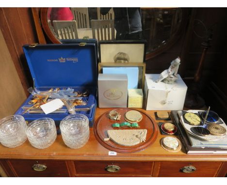 MIXED LOT OF SUNDRIES INCLUDING PART CANTEEN PICTURES AND PRINTS, TABLE LAMP, NAO FIGURE, GLASSWARE, POWDER COMPACTS, ETC. 