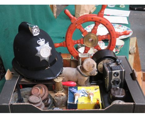 SUNDRY LOT INCLUDING BAKELITE CLOCK, SLICER, POLICE HELMET AND BADGES, PLUS SMALL MINER'S LAMP, NODDING DOG AND OTHER SUNDRY 