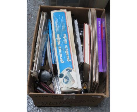 BOX OF SUNDRIES INCLUDING PICTURES, CAMERA ACCESSORIES AND CLOCK, ETC. 