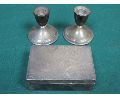 PAIR OF SILVER COLOURED CANDLE STANDS AND SILVER CIGAR BOX BY ASPREYS, LONDON