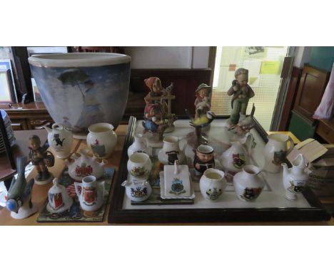 PARCEL OF HUMMEL FIGURES, HUMMEL VASE, FRAMED PICTURE PLUS VARIOUS CRESTED WARE, ETC.