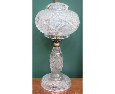 CUT GLASS MUSHROOM LAMP WITH SHADE, APPROXIMATELY 44cm HIGH 