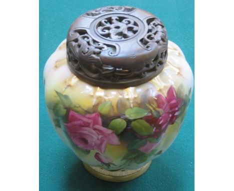 ROYAL WORCESTER HANDPAINTED AND GILDED GLAZED CERAMIC VASE WITH PIERCEWORK TREEN COVER, SIGNED W H AUSTIN, APPROXIMATELY 22cm