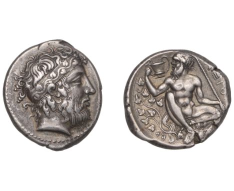 Greek Coinages, Naxos: Tetradrachm, struck c. 415  Obverse: bearded head of Dionysos right, his unkempt hair bound by a broad