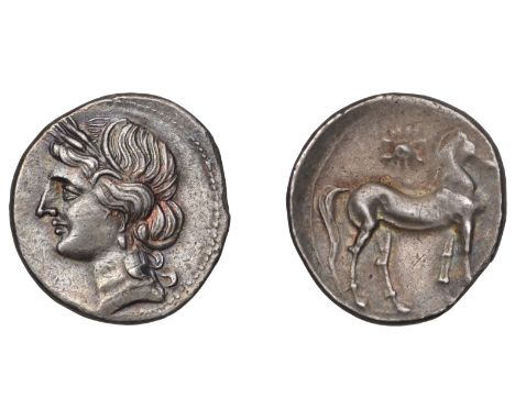 Greek Coinages, Italy: Half Shekel, struck in Bruttium, c. 216-211, during the Second Punic War  Obverse: head of Tanit left,