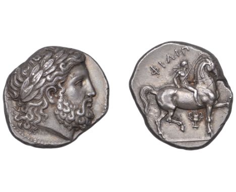 Greek Coinages, KINGDOM OF MACEDONIA, Philip II: Tetradrachm, struck at Pella, c. 348-329  Obverse: laureate head of Zeus rig